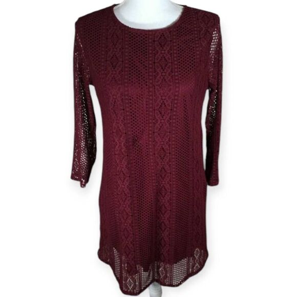 CITY TRIANGLES BURGUNDY CROCHET BOHO-INSPIRED SHIFT DRESS SZ.L EUC. - Picture 1 of 8